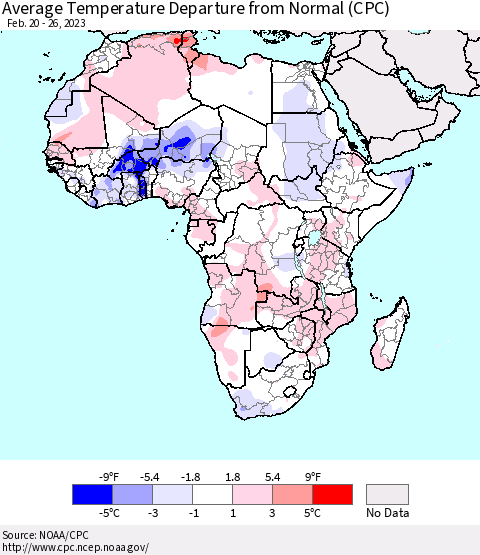 Africa Average Temperature Departure from Normal (CPC) Thematic Map For 2/20/2023 - 2/26/2023