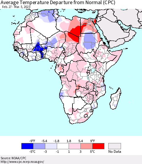 Africa Average Temperature Departure from Normal (CPC) Thematic Map For 2/27/2023 - 3/5/2023