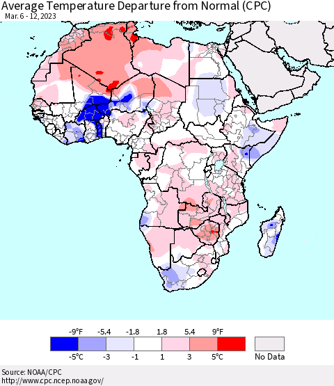 Africa Average Temperature Departure from Normal (CPC) Thematic Map For 3/6/2023 - 3/12/2023
