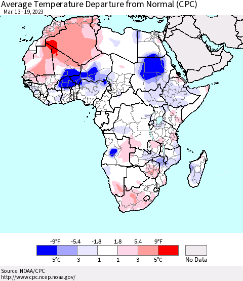 Africa Average Temperature Departure from Normal (CPC) Thematic Map For 3/13/2023 - 3/19/2023