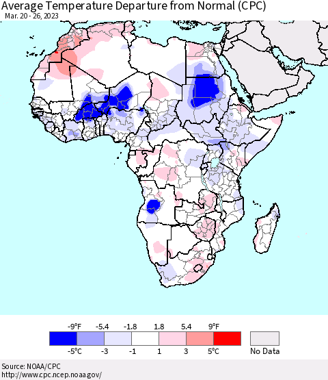 Africa Average Temperature Departure from Normal (CPC) Thematic Map For 3/20/2023 - 3/26/2023