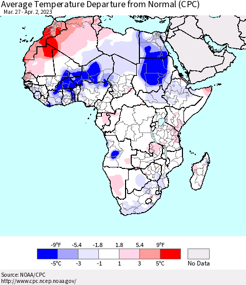 Africa Average Temperature Departure from Normal (CPC) Thematic Map For 3/27/2023 - 4/2/2023