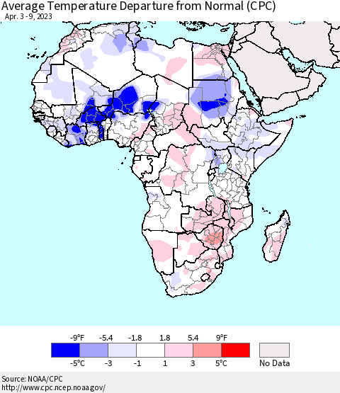 Africa Average Temperature Departure from Normal (CPC) Thematic Map For 4/3/2023 - 4/9/2023