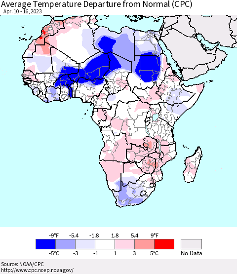 Africa Average Temperature Departure from Normal (CPC) Thematic Map For 4/10/2023 - 4/16/2023