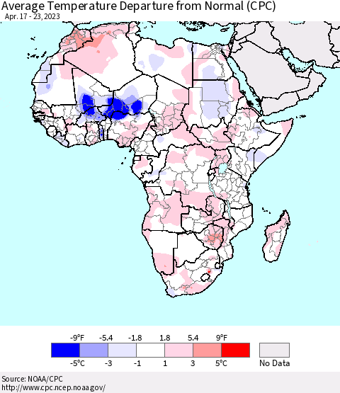 Africa Average Temperature Departure from Normal (CPC) Thematic Map For 4/17/2023 - 4/23/2023