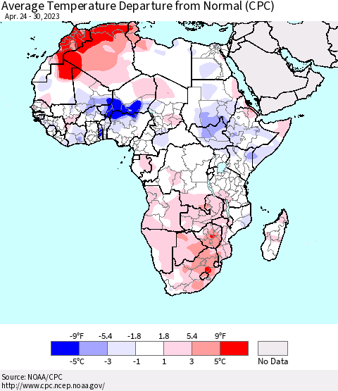 Africa Average Temperature Departure from Normal (CPC) Thematic Map For 4/24/2023 - 4/30/2023