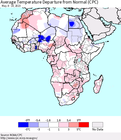 Africa Average Temperature Departure from Normal (CPC) Thematic Map For 5/8/2023 - 5/14/2023