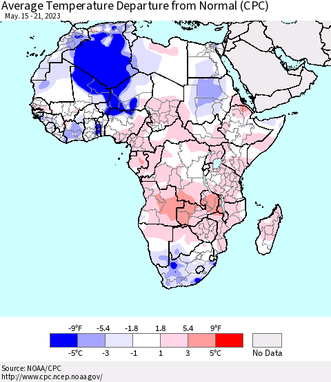 Africa Average Temperature Departure from Normal (CPC) Thematic Map For 5/15/2023 - 5/21/2023