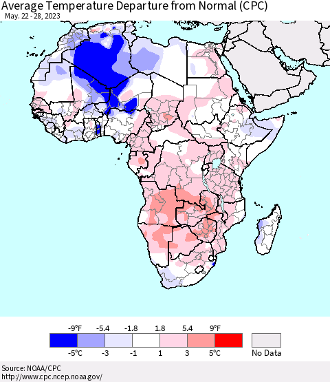 Africa Average Temperature Departure from Normal (CPC) Thematic Map For 5/22/2023 - 5/28/2023