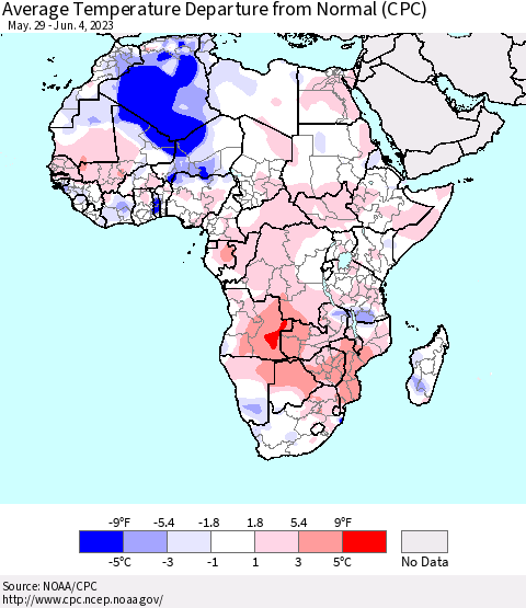 Africa Average Temperature Departure from Normal (CPC) Thematic Map For 5/29/2023 - 6/4/2023