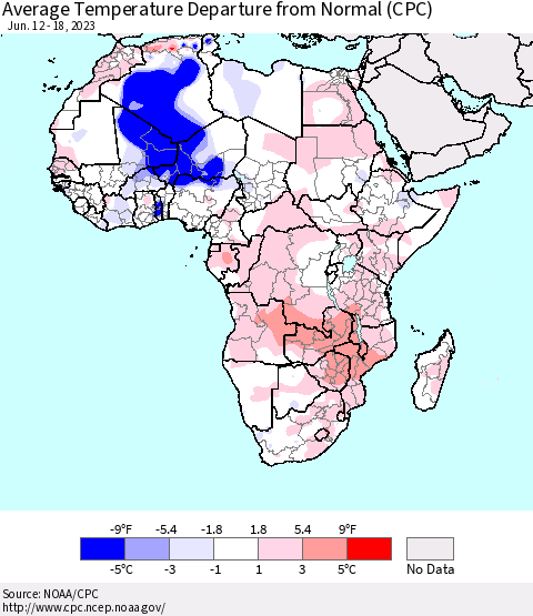 Africa Average Temperature Departure from Normal (CPC) Thematic Map For 6/12/2023 - 6/18/2023