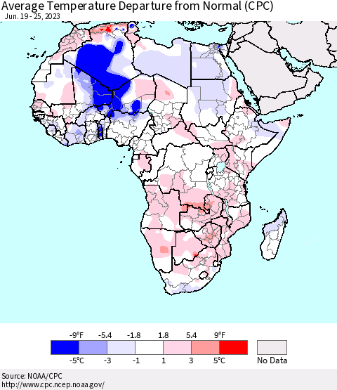 Africa Average Temperature Departure from Normal (CPC) Thematic Map For 6/19/2023 - 6/25/2023