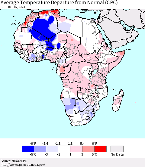 Africa Average Temperature Departure from Normal (CPC) Thematic Map For 7/10/2023 - 7/16/2023