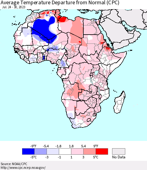 Africa Average Temperature Departure from Normal (CPC) Thematic Map For 7/24/2023 - 7/30/2023