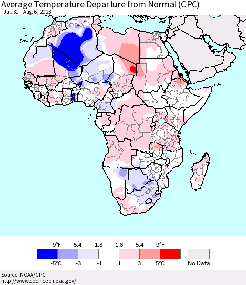 Africa Average Temperature Departure from Normal (CPC) Thematic Map For 7/31/2023 - 8/6/2023
