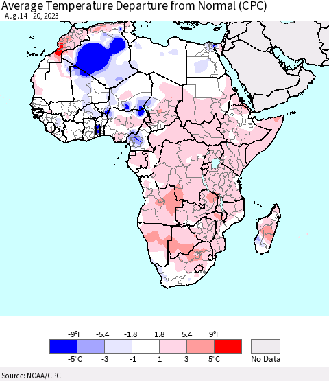 Africa Average Temperature Departure from Normal (CPC) Thematic Map For 8/14/2023 - 8/20/2023