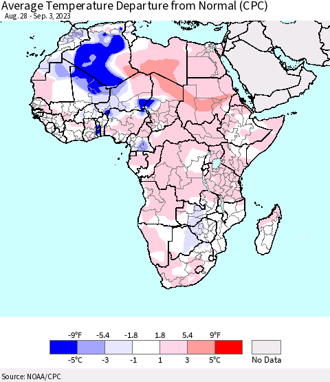 Africa Average Temperature Departure from Normal (CPC) Thematic Map For 8/28/2023 - 9/3/2023