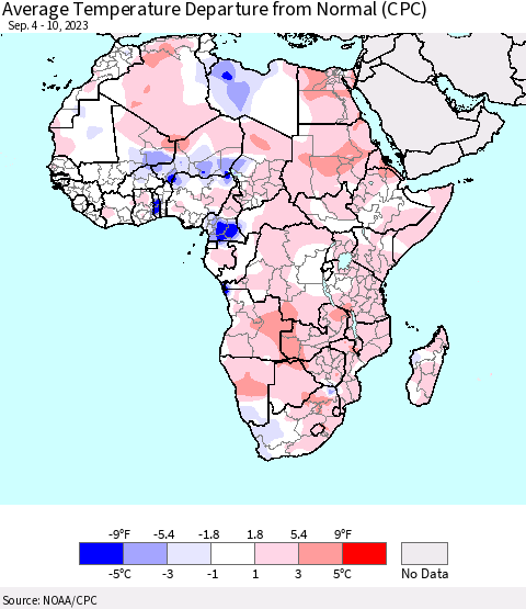 Africa Average Temperature Departure from Normal (CPC) Thematic Map For 9/4/2023 - 9/10/2023