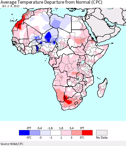 Africa Average Temperature Departure from Normal (CPC) Thematic Map For 10/2/2023 - 10/8/2023