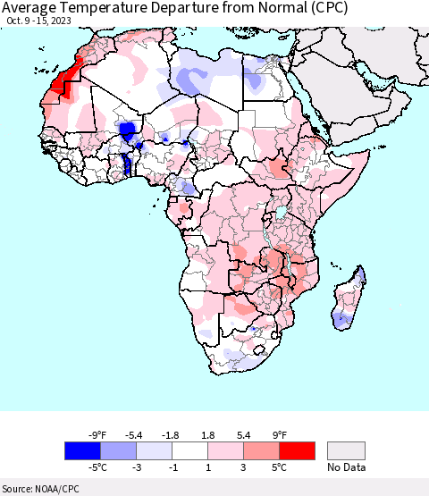 Africa Average Temperature Departure from Normal (CPC) Thematic Map For 10/9/2023 - 10/15/2023
