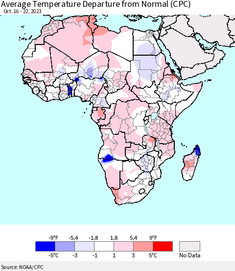 Africa Average Temperature Departure from Normal (CPC) Thematic Map For 10/16/2023 - 10/22/2023