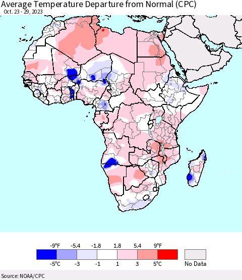 Africa Average Temperature Departure from Normal (CPC) Thematic Map For 10/23/2023 - 10/29/2023