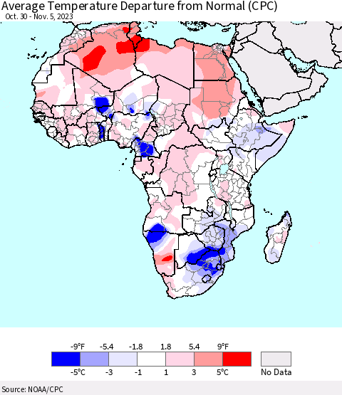 Africa Average Temperature Departure from Normal (CPC) Thematic Map For 10/30/2023 - 11/5/2023
