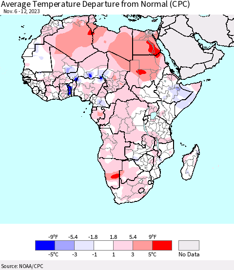 Africa Average Temperature Departure from Normal (CPC) Thematic Map For 11/6/2023 - 11/12/2023