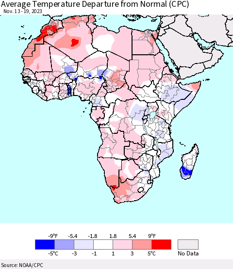 Africa Average Temperature Departure from Normal (CPC) Thematic Map For 11/13/2023 - 11/19/2023
