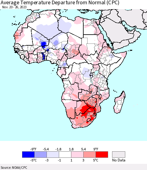 Africa Average Temperature Departure from Normal (CPC) Thematic Map For 11/20/2023 - 11/26/2023