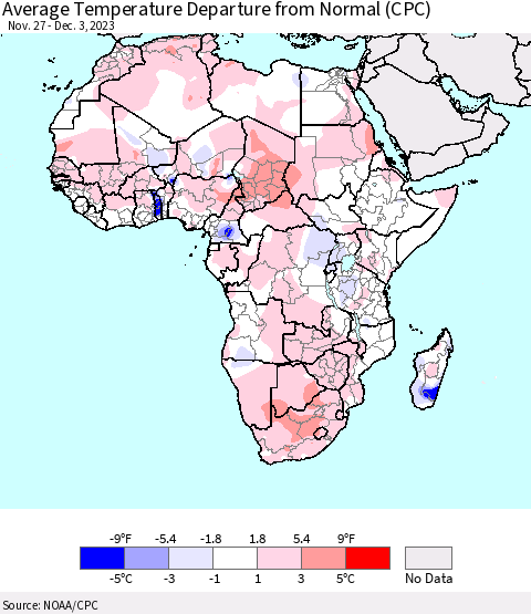 Africa Average Temperature Departure from Normal (CPC) Thematic Map For 11/27/2023 - 12/3/2023