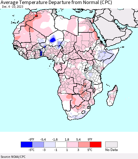 Africa Average Temperature Departure from Normal (CPC) Thematic Map For 12/4/2023 - 12/10/2023