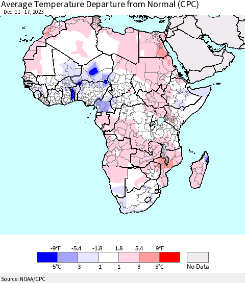 Africa Average Temperature Departure from Normal (CPC) Thematic Map For 12/11/2023 - 12/17/2023