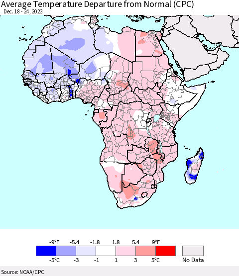 Africa Average Temperature Departure from Normal (CPC) Thematic Map For 12/18/2023 - 12/24/2023
