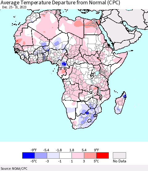 Africa Average Temperature Departure from Normal (CPC) Thematic Map For 12/25/2023 - 12/31/2023