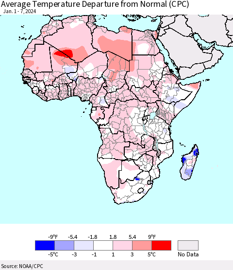 Africa Average Temperature Departure from Normal (CPC) Thematic Map For 1/1/2024 - 1/7/2024