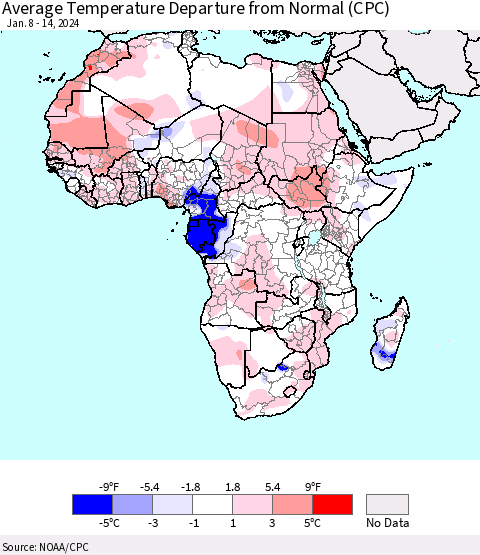 Africa Average Temperature Departure from Normal (CPC) Thematic Map For 1/8/2024 - 1/14/2024