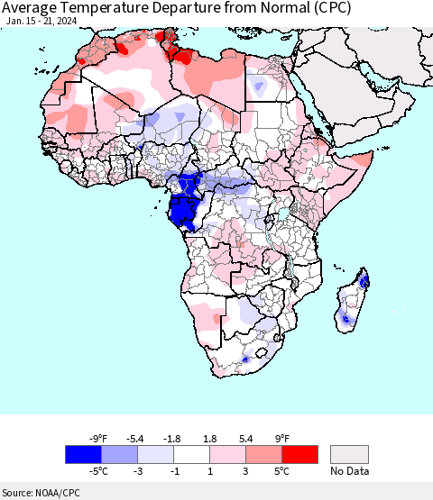 Africa Average Temperature Departure from Normal (CPC) Thematic Map For 1/15/2024 - 1/21/2024