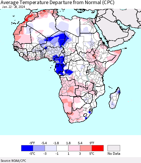 Africa Average Temperature Departure from Normal (CPC) Thematic Map For 1/22/2024 - 1/28/2024