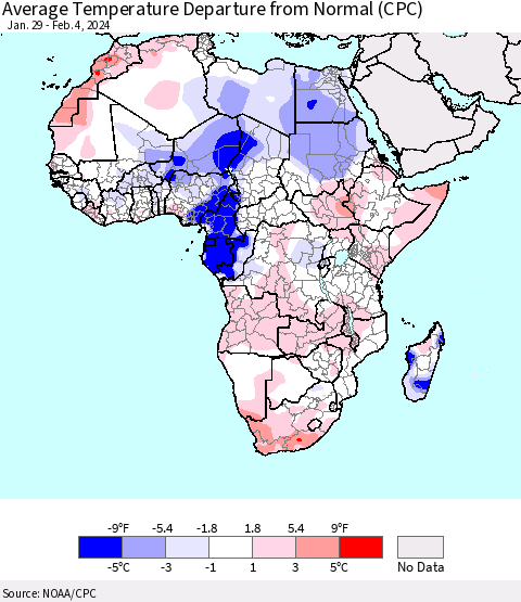 Africa Average Temperature Departure from Normal (CPC) Thematic Map For 1/29/2024 - 2/4/2024
