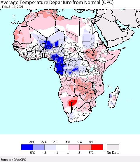 Africa Average Temperature Departure from Normal (CPC) Thematic Map For 2/5/2024 - 2/11/2024