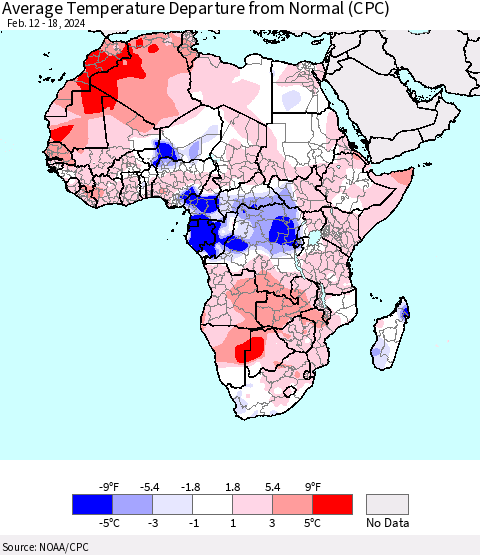 Africa Average Temperature Departure from Normal (CPC) Thematic Map For 2/12/2024 - 2/18/2024