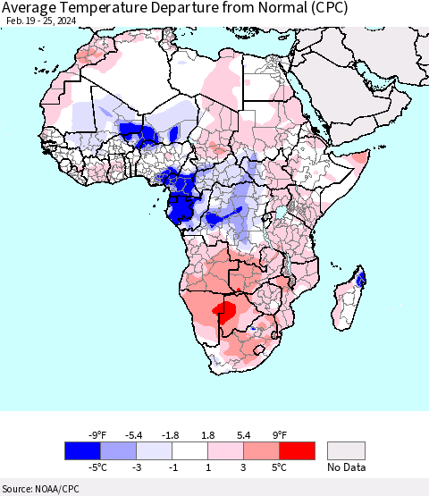 Africa Average Temperature Departure from Normal (CPC) Thematic Map For 2/19/2024 - 2/25/2024
