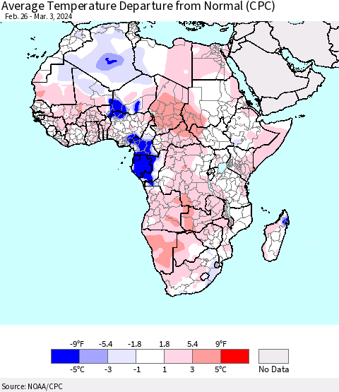 Africa Average Temperature Departure from Normal (CPC) Thematic Map For 2/26/2024 - 3/3/2024