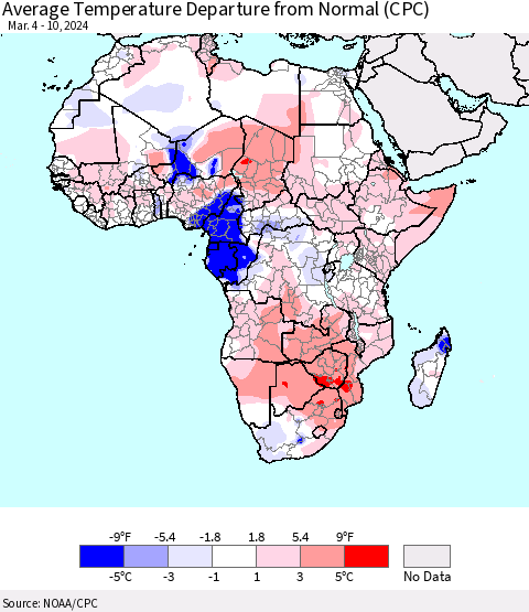 Africa Average Temperature Departure from Normal (CPC) Thematic Map For 3/4/2024 - 3/10/2024