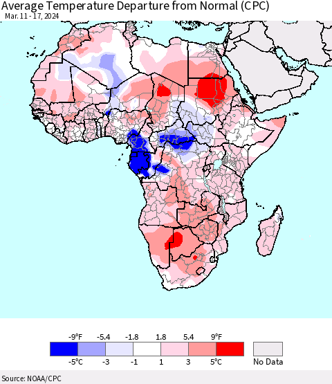 Africa Average Temperature Departure from Normal (CPC) Thematic Map For 3/11/2024 - 3/17/2024