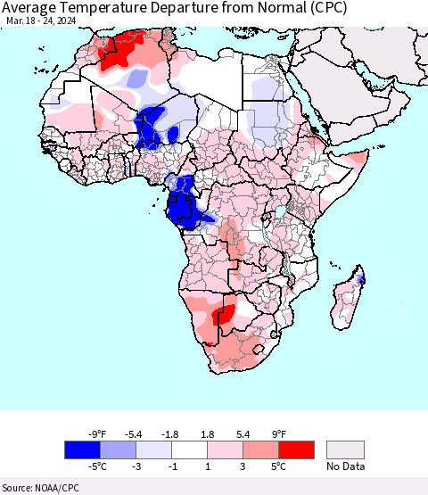Africa Average Temperature Departure from Normal (CPC) Thematic Map For 3/18/2024 - 3/24/2024