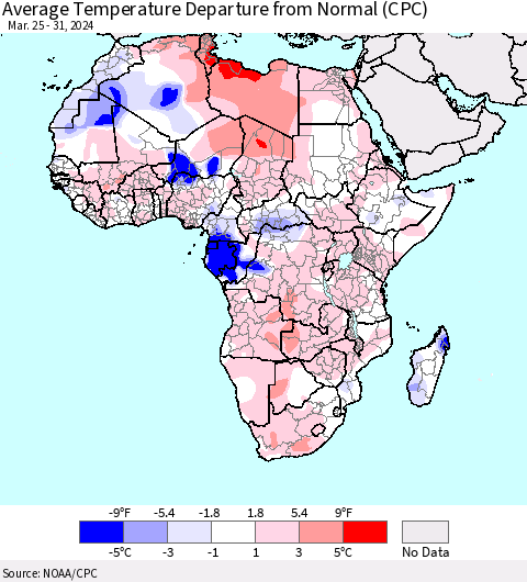 Africa Average Temperature Departure from Normal (CPC) Thematic Map For 3/25/2024 - 3/31/2024