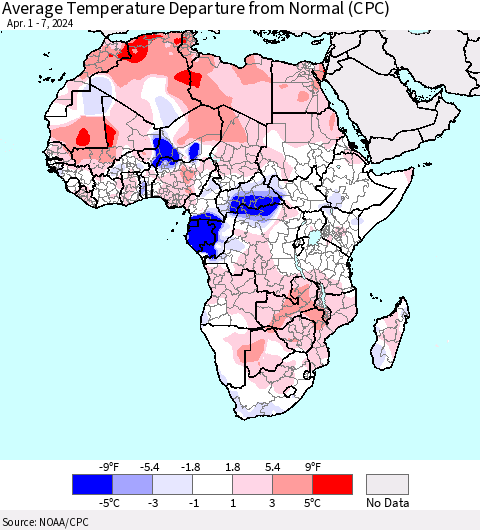 Africa Average Temperature Departure from Normal (CPC) Thematic Map For 4/1/2024 - 4/7/2024