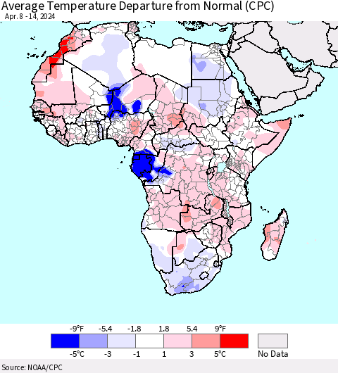 Africa Average Temperature Departure from Normal (CPC) Thematic Map For 4/8/2024 - 4/14/2024
